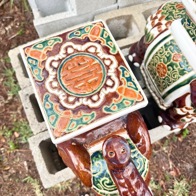 Boho Chic Painted and Glazed Ceramic Elephant Planters/Side Table - A Pair For Sale - Image 9 of 10