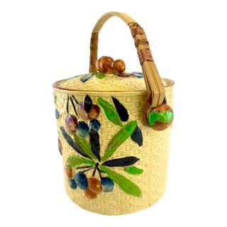 Vintage Japanese Majolica Fruit & Basket Weave Biscuit Jar With Rattan Handle For Sale