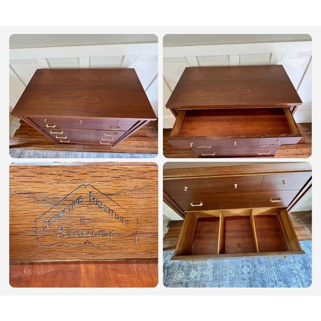 Refinished Mid-Century Modern Stanley Walnut Dresser Highboy Chest of Drawers With Original Brass Hardware For Sale - Image 10 of 12