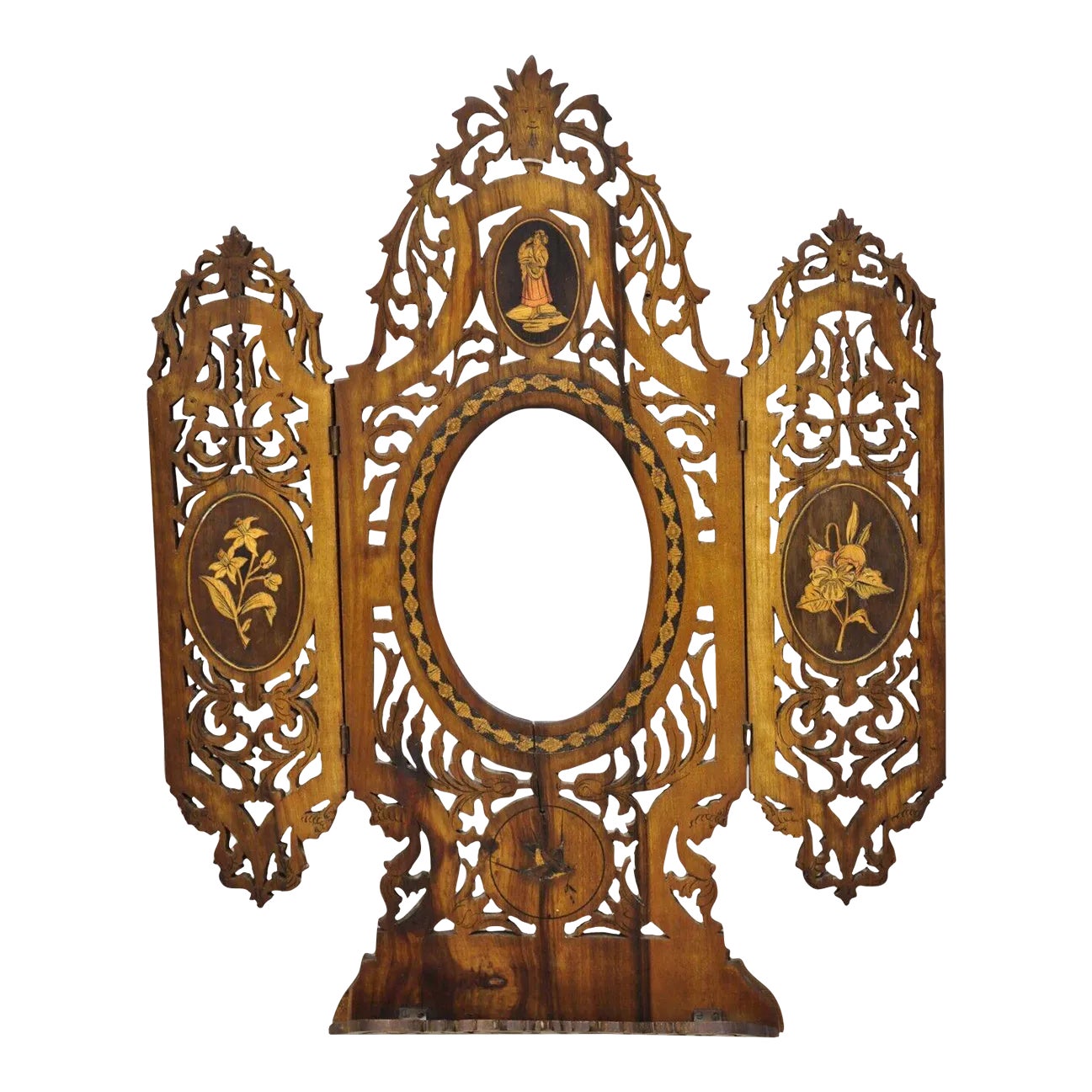 19th C Italian Sorrento Triptych Folding Inlaid Travel Mirror Easel