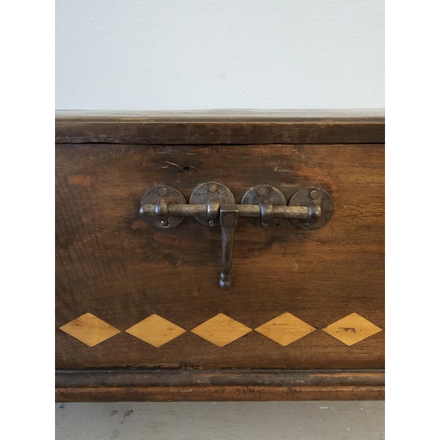 Spanish Colonial Era Antique Diamond Parquetry Inlaid Cedar Chest Box or Trunk For Sale - Image 9 of 12