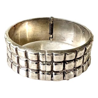 Sterling Silver, Large Solid Mexican Taxco Hinged Cuff Bracelet For Sale