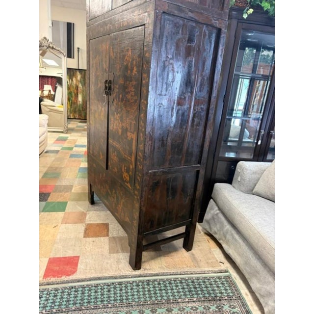 Ceramic Antique Asian Chinoiserie Large 90 Inches Tall La Painted Cabinet For Sale - Image 7 of 7