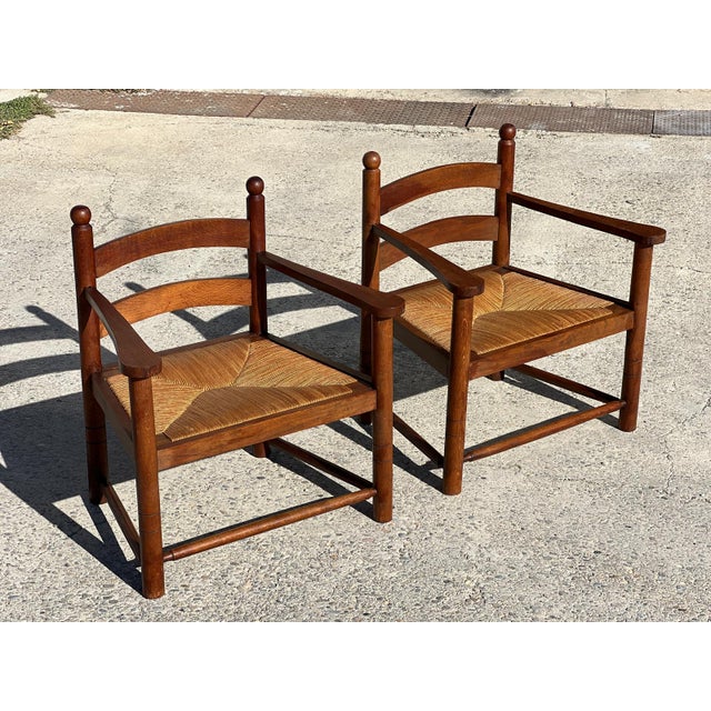 French Wooden and Straw Armchairs, 1960, Set of 2 For Sale - Image 8 of 8