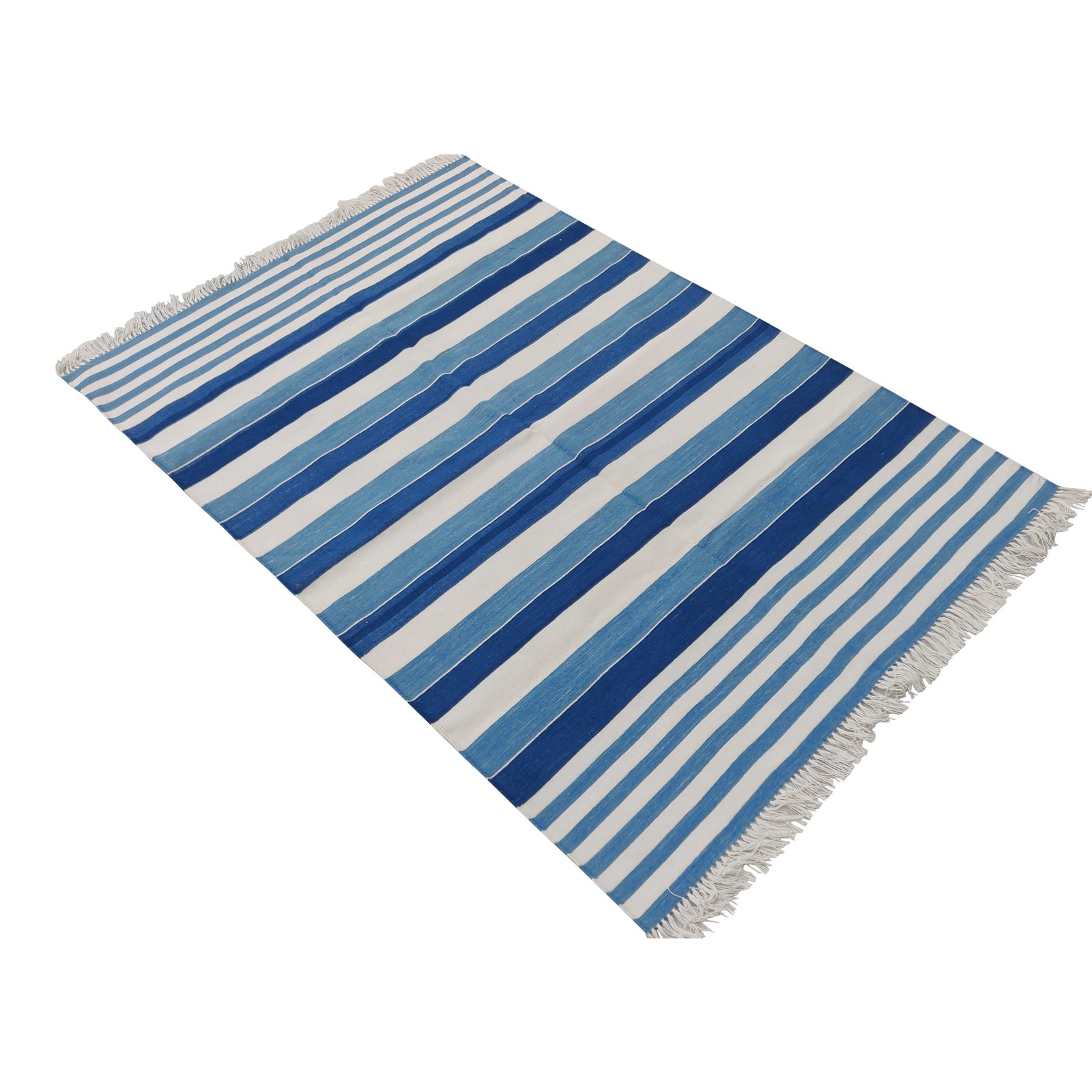 Handmade Cotton Multi Striped Rug, Blue And White 4'x6' Chairish