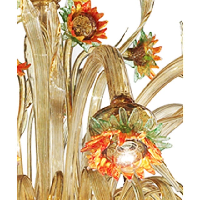 Venetian Scenographic "Sunflowers" Amber and Green Murano Glass Chandelier For Sale - Image 6 of 6