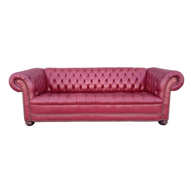 1980s Vintage Classic Chesterfield Tufted Red Leather Sofa For Sale