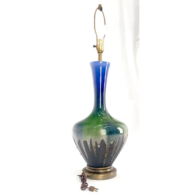 Blue Blue Green Black Drip Glaze Italian Pottery Ceramic Onion Shape Table Lamp MINT! For Sale - Image 8 of 11