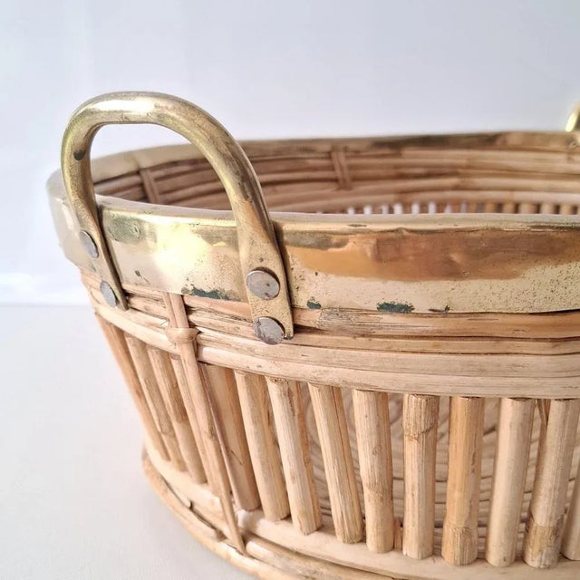 Wood Oval Serving Basket in Rattan and Brass, 1970s For Sale - Image 7 of 13
