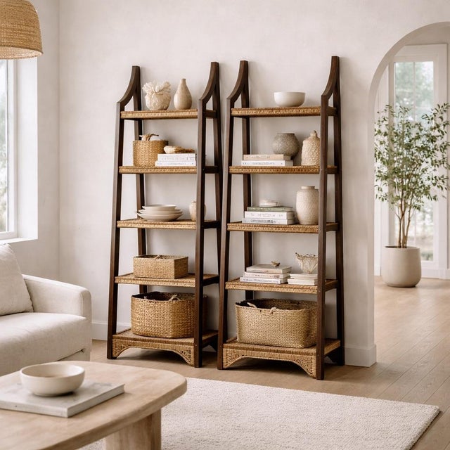 Pair of Mid-Century Wood and Woven Rush Etageres, 20th Century For Sale - Image 11 of 18
