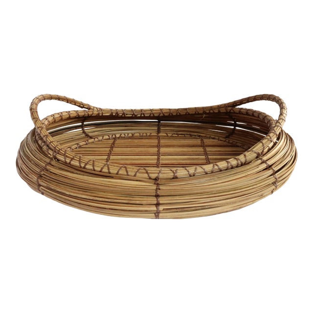 Vintage Large Wicker Flat Basket or Tray With Handles For Sale