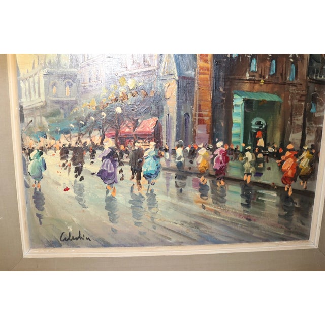1980s Quality Vintage Original Oil on Board Figural Cityscape Expressionism Painting For Sale - Image 5 of 12