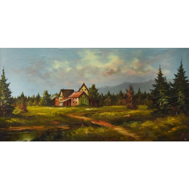 This captivating oil on canvas, measuring 55 x 31", transports the viewer to a secluded homestead nestled in a vibrant...