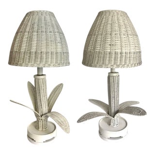 Vintage Wicker Rattan Leafed Lamps - a Pair For Sale