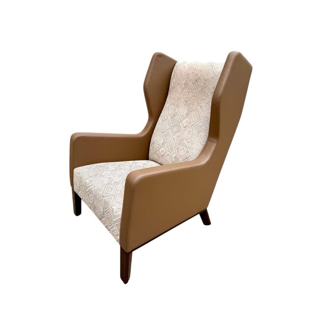 Contemporary Holly Hunt Darder Leather Wingback Chairs and Ottoman For Sale - Image 3 of 9