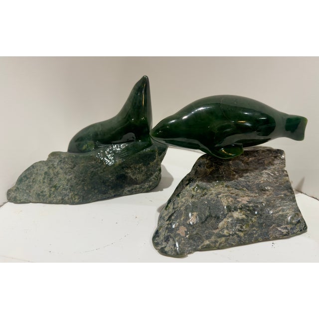 Jade Pair 1980 Canadian Nephrite Jade Marine Sculptures, Signed S. Sandburg For Sale - Image 8 of 14