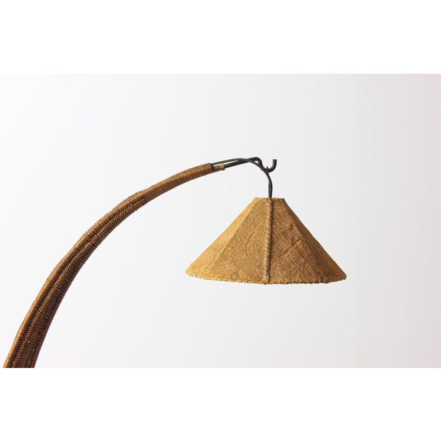 Italian Wood Arc Floor Lamp with Rattan Shade, 1970s For Sale - Image 13 of 18