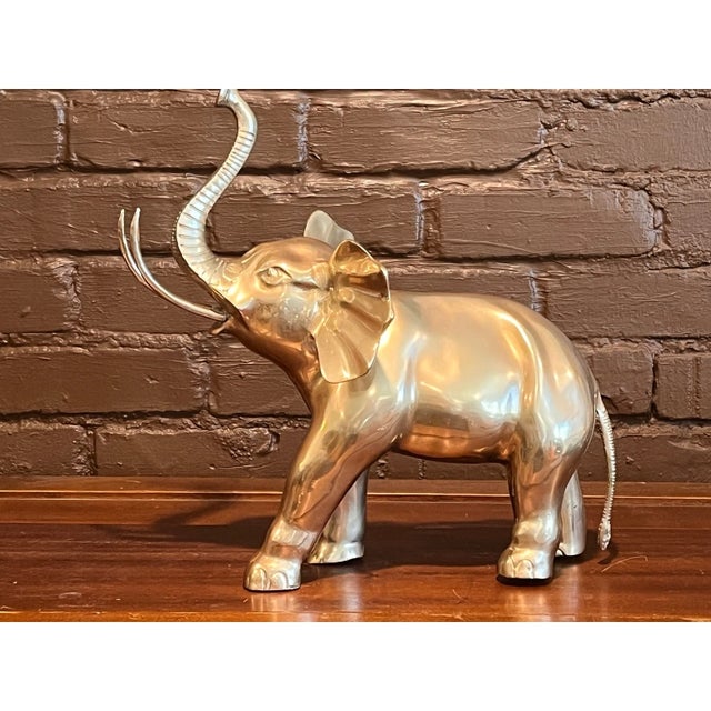 Late 20th Century Vintage Solid Brass Elephant Figurine Large Heavy 15" Statue Trumpeting Trunk For Sale - Image 5 of 6