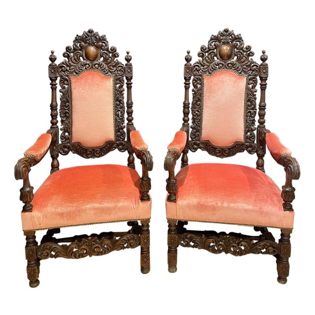Antique Pair of Carved French Baroque Armchairs For Sale