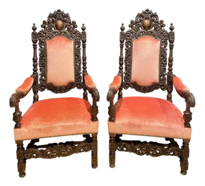Antique Pair of Carved French Baroque Armchairs