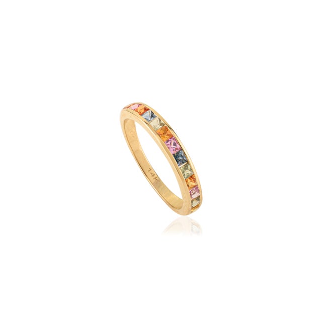 14k Gold 1 Carat Multi Sapphire Half Eternity Band Ring Stack Size 6.5 Gifts for Her For Sale - Image 4 of 14