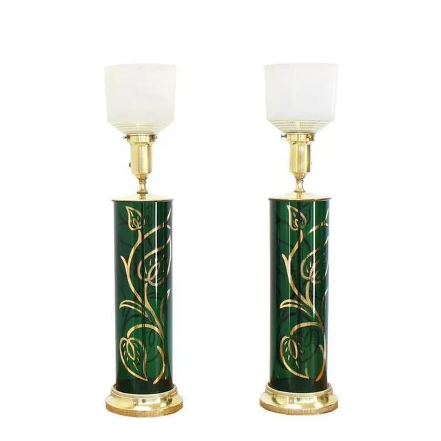 Early 20th Century Vintage Emerald Green Gold Decorated Cylinder Shape Table Lamps- a Pair For Sale - Image 9 of 9