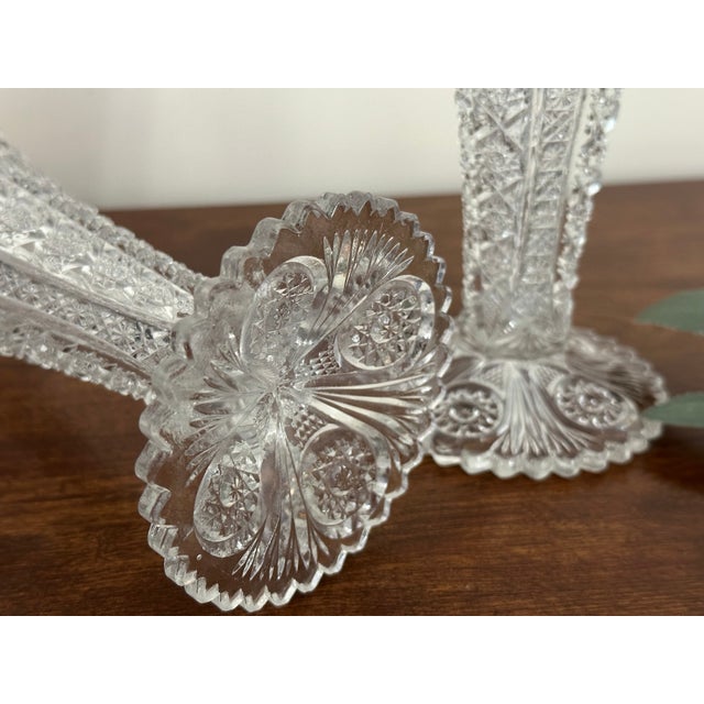 Pair of Vintage Clear Glass Trumpet Vases, Daisy & Button Pattern, Mid Century Pressed Glass Decor For Sale - Image 10 of 10