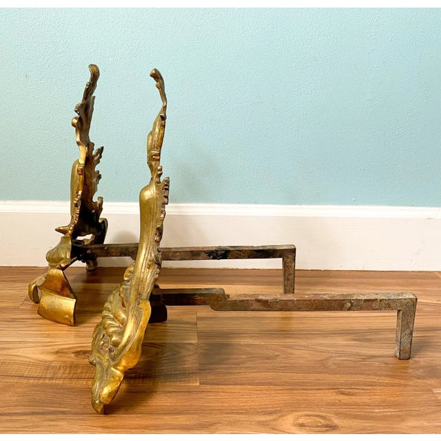 19th C. French Rococo Brass Andirons – A Pair – Gilded Age / European Antique For Sale - Image 9 of 12