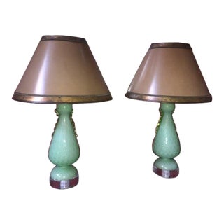 Vintage Green & Gold Controlled Bubble Murano Lamps With Lucite - A Pair For Sale