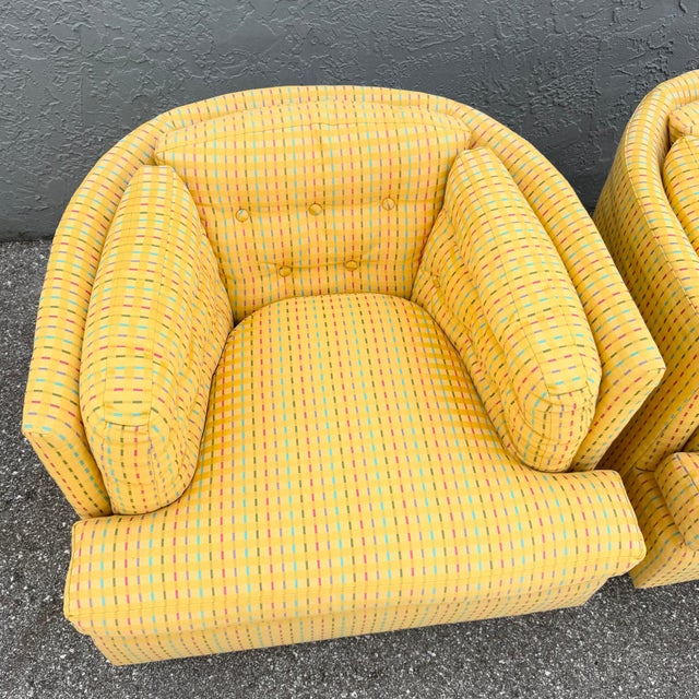 Vintage Mid Century Yellow Tufted Swivel Barrell Chairs With Pink Purple and Blue Stripes - A Pair For Sale In West Palm - Image 6 of 12