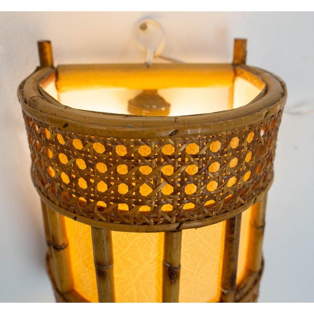 Cane Rattan & Fabric Sconces in the style of Louis Sognot, 1960s, Set of 2 For Sale - Image 9 of 11