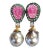Bochic “Orient” Carved Ruby, Emerald & Pearl Earrings Set 18K Gold & Silver - 2 Pieces For Sale