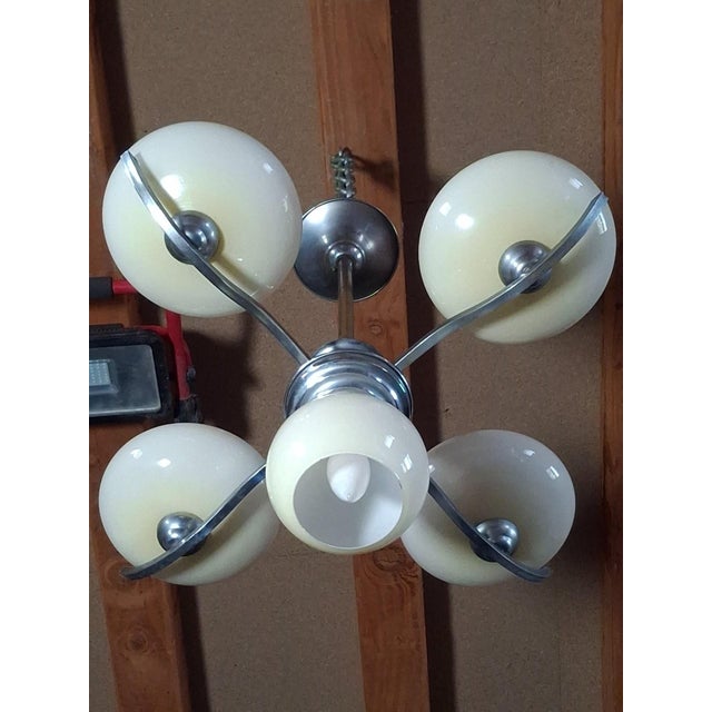 Chrome Metal Chandelier with Five Pale Yellow Opaline Shades, 1950s For Sale - Image 3 of 7
