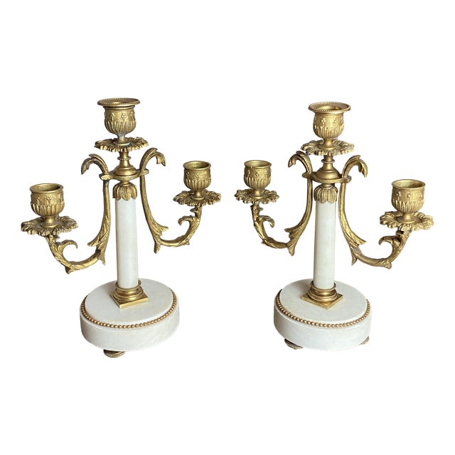 Antique French Bronze and Marble Candleholders from Befos, Set of 2 For Sale