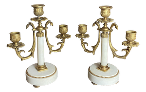 Antique French Bronze and Marble Candleholders from Befos, Set of 2