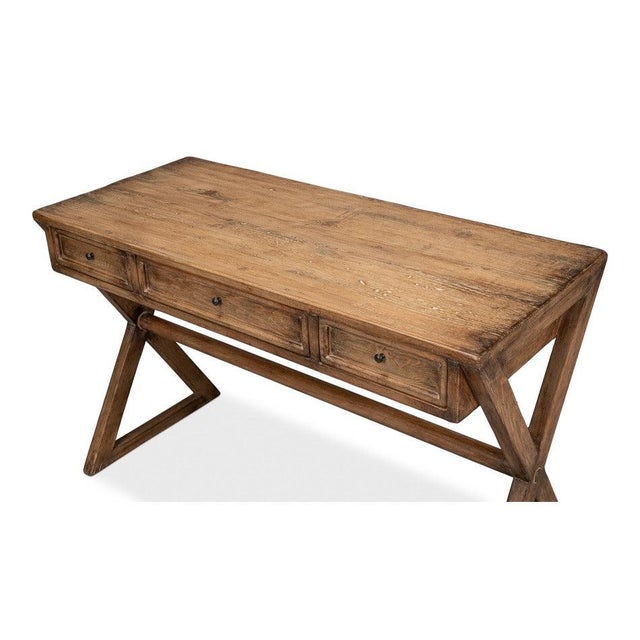 2020s Campaign X-Frame Writing Desk in Natural Brown For Sale - Image 5 of 11