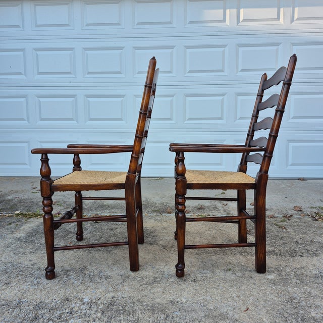 2019 Attributed to Theodore Alexander Castle Bromwich Ladderback Rush Seat Dining Arm Chairs, a Pair For Sale - Image 10 of 15