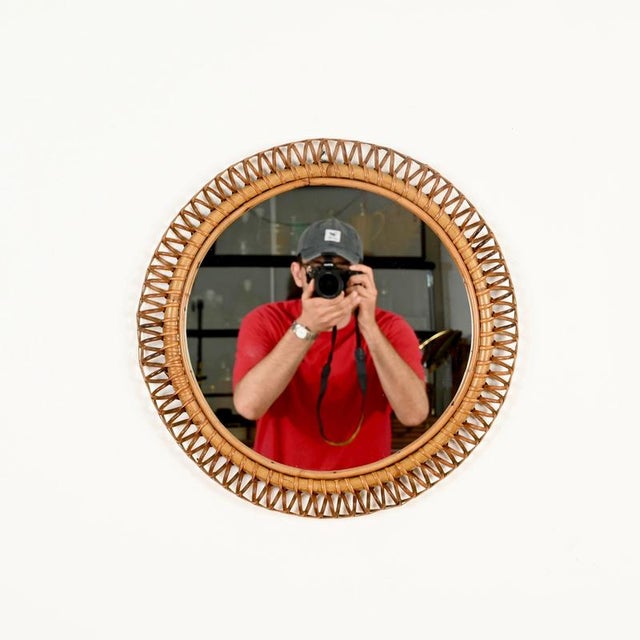Vintage Round Spring Mirror in Bamboo with Rattan and Wicker by Franco Albini, Italy, 1960s For Sale - Image 3 of 13