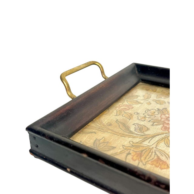 Antique English Glass Top Wood Tray With Brass Handles and Brocade Fabric For Sale - Image 9 of 16