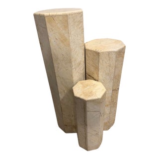 1970s Postmodern Italian Travertine Hexagonal Graduated Pedestal - Set of 3 For Sale