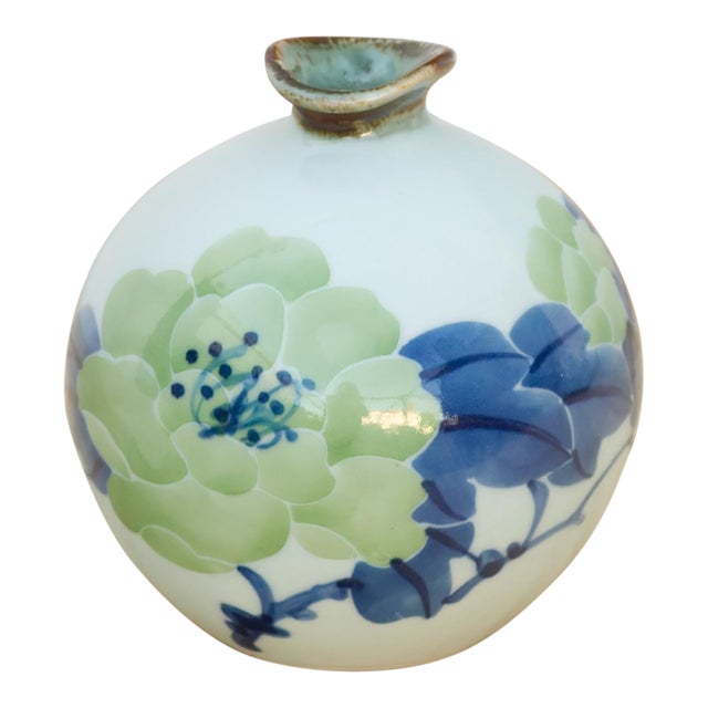 Hand-Painted Green & Blue Porcelain Vase For Sale