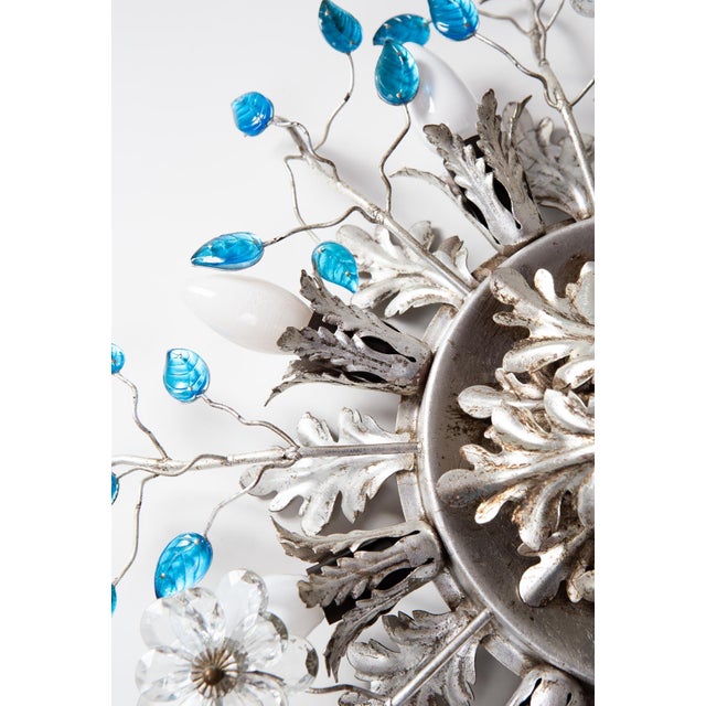 1990s Large Vintage Ceiling Light in Silver-Plated Iron and Blue Glass Leaves from Banci Firenze, 1980s For Sale - Image 5 of 11