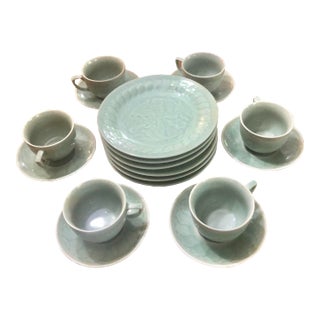 Vintage Longquan Style Celadon Koi Fish China Set- 18 Pieces For Sale
