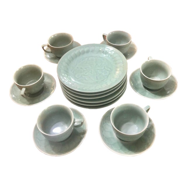 Vintage Longquan Style Celadon Koi Fish China Set- 18 Pieces For Sale