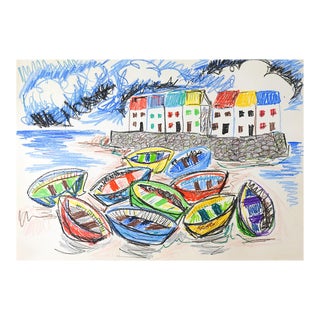Mid 20th Century Colorful Boat Harbor Drawing For Sale