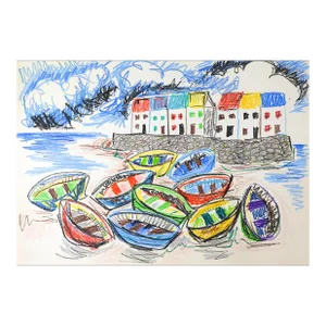 Mid 20th Century Colorful Boat Harbor Drawing