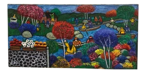 Mid 20th Century "Fun at the Lake" Expressionist Folk Art Style Oil Painting by Bea Haverbusch