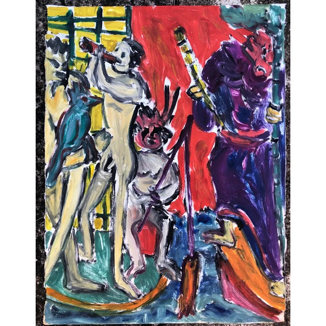 Monotype with devils playing musical instruments and fishing by Atlanta artist Adrienne Anderson (1949-2020). Anderson...