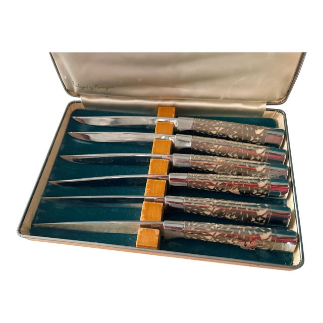 1960s Art Nouveau Steak Knives Set w/ Case - Ser of 6 For Sale