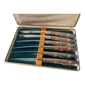1960s Art Nouveau Steak Knives Set w/ Case - Ser of 6